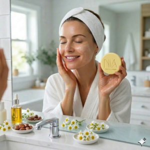 femme appliquant son baume pour peau sensible à la camomille dans sa salle de bain.